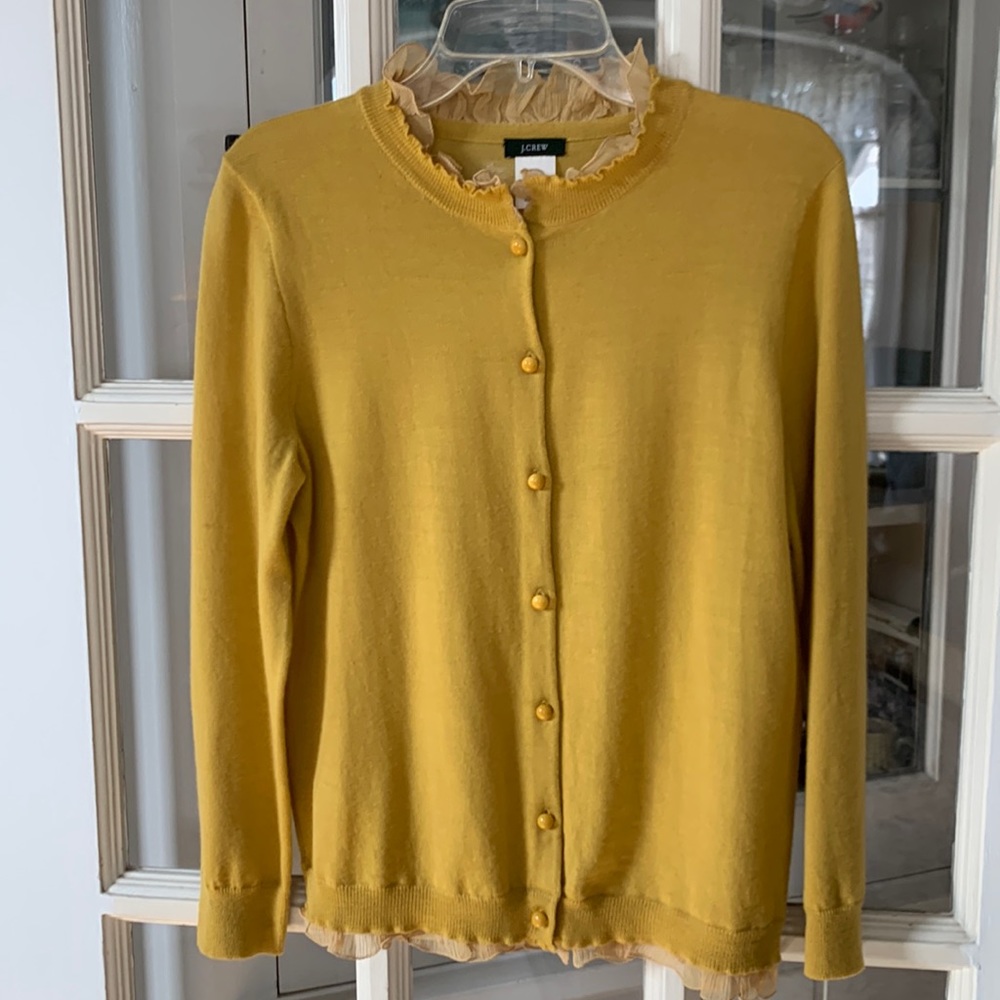 J Crew Merino Sweater. Sun gold yellow. Rufffled lace detail. Button up. Small.